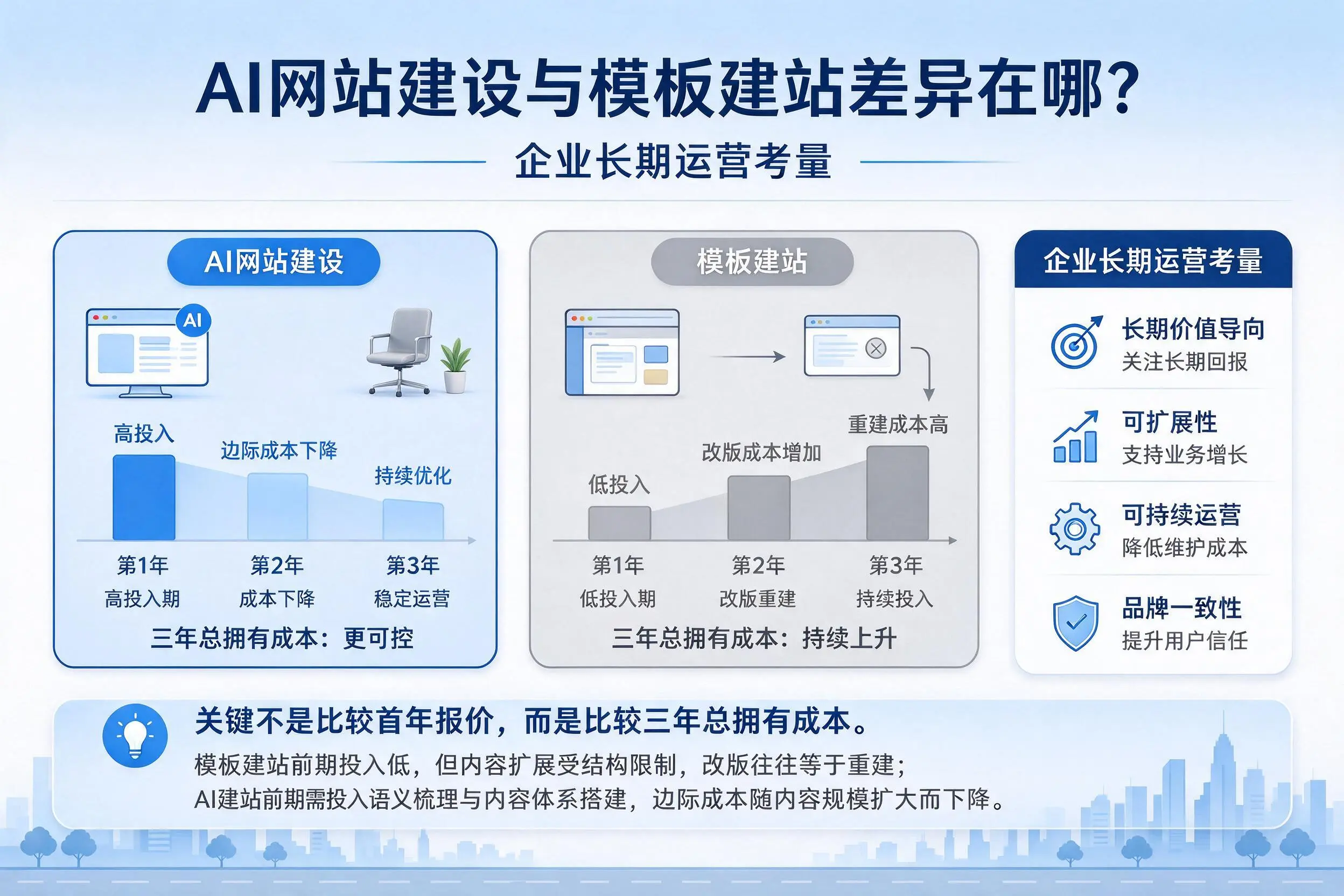 AI网站建设与模板建站差异在哪?西藏企业长期运营考量